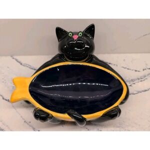 Department 56 Ceramic Black Cat w/ Fish Shaped Bowl Dish Serving Trinket‎ Pet